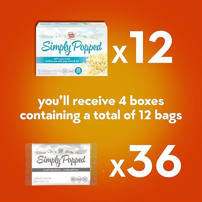 Jolly Time Simply Popped - Lightly Salted Microwave Popcorn, 3oz Sharing Bag, 3 Bags Per Carton (Simply Popped Butter, 3 Ounce (Pack of 36))
