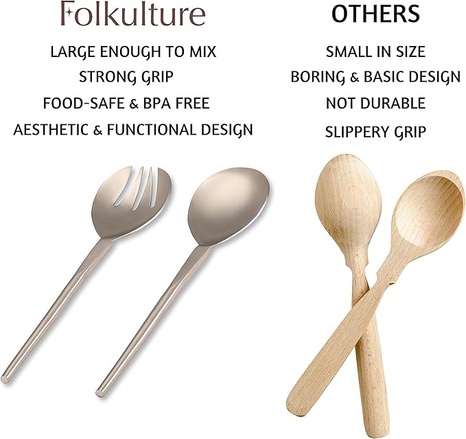 Folkulture Stainless Steel Kitchen Salad Servers or Salad Serving Utensils for Cooking, 12 Inch Salad Tongs, Serving Spoon and Fork Set for Salad, Gravies or Pasta, Silver Finish