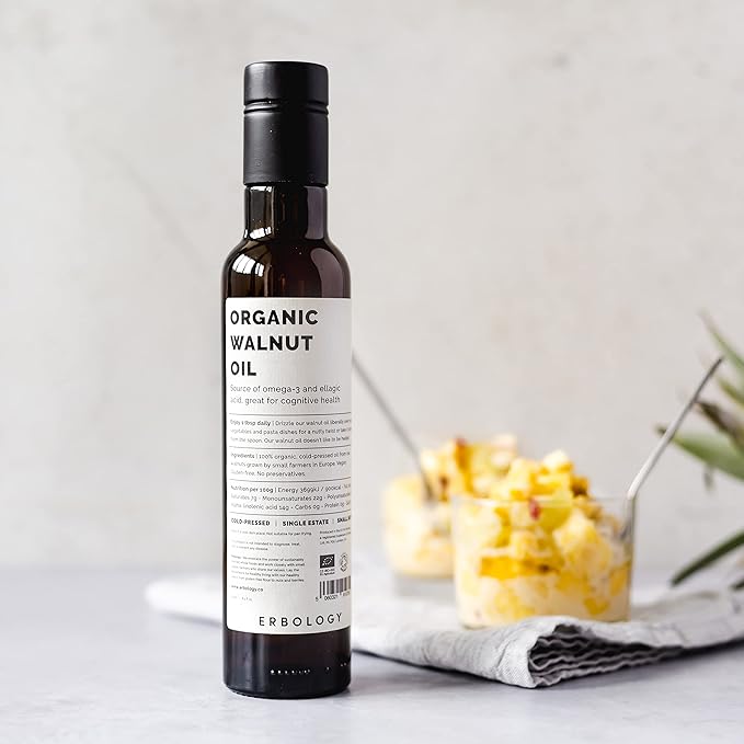 Erbology Organic Walnut Oil 8.5 fl oz - Cold-Pressed - Supports Cognitive Health - Straight from Farm - Non GMO - No Additives or Preservatives - Recyclable Glass Bottle
