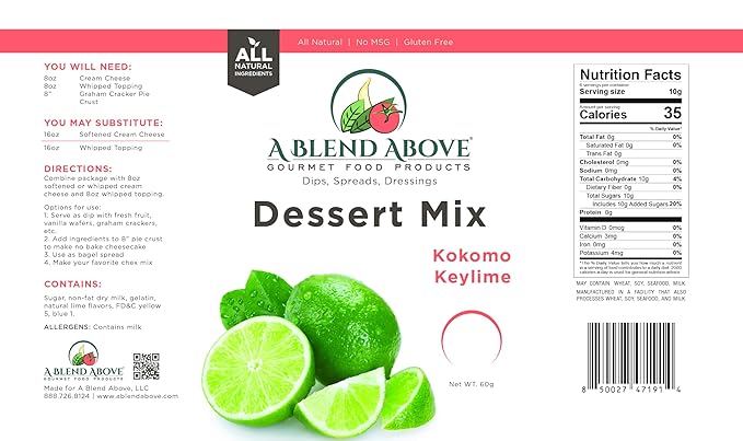 A Blend Above Kokomo Key Lime Pie Mix - No-Bake Desserts, All Natural, Vegan, Gluten Free, No MSG - Instant Dessert Mix, Fruit Dip, Bagel Topping, Frosting, Cheesecake Filling - Makes 16 Oz (Pack of 3)