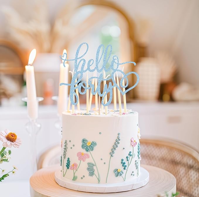 Hello Forty Cake Topper - Light Blue Glitter 40th Birthday Cake Decorating Supplies for Women, Hello 40 Cake Decor for 40th Birthday/Anniversary Party Photo Booth Props