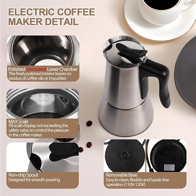 Stainless Steel Electric Moka Pot 6 Cup 300ml Express Coffee Maker Stovetop Espresso Portable Coffeemaker Italian Classic Brewing Greca Cafe Mocha with Removable Base and Overheating Protection 10oz
