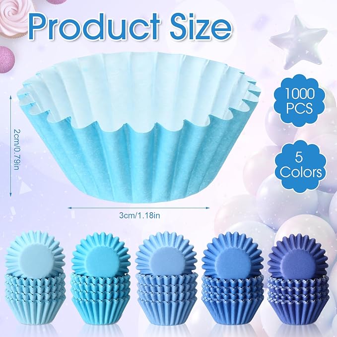Zonon 1000 Counts Cupcake Liners for Baking Liners Paper Cupcake Wrappers Bulk Cup Cake Cases Muffin Baking Paper Cups for Candy Cooking(Blue,1.18 Inch-Mini Size)
