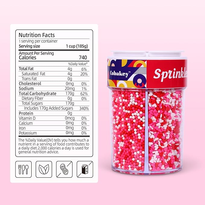 Heart Sprinkles Valentines Day Edible Sprinkle Mix Heart Shapes Pink Red Jimmies Sanding Sugar Perfect for Cake Decorations Baking Ice Cream Cookies Cupcake Topper 6.5 ounces