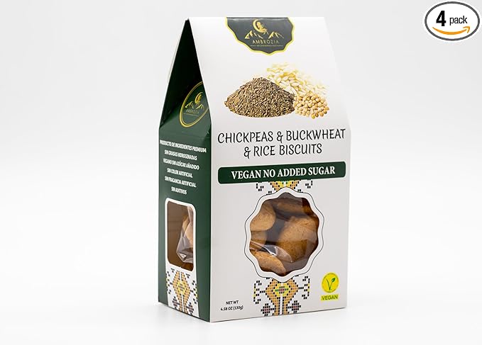Ambrozia Vegan Snack Biscuits ??Chickpeas, Buckwheat &Rice - Soft Baked, No Added Sugar, Clean Label, High Fiber & Wholesome Ingredients, Kid-Friendly, Healthy Snacks for Active Lifestyles, 4 x 4.58Oz