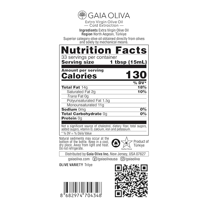 Gaia Oliva Everyday Extra Virgin Olive Oil ??Cold Pressed, Unrefined, Single Estate, Trilye Olives, Low Acidity, Dark Glass Bottle, 100% Extra Virgin, Product of Turkey, New Harvest, Polyphenol-Rich, High Antioxidants