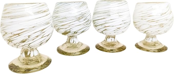 Authentic Mexican Tequila Hand Blown Shot Glasses - Set of 4-2 oz - Mini Glass Snifters - Heavy Base - Cognac (White Swirl)