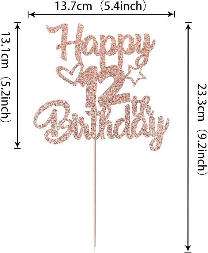 1 Pack Happy 12th Birthday Cake Topper Glitter Heart Star 12 Fabulous Cake Pick Birthday Sign Cake Decorations for Children 12th Birthday Theme Party Supplies Rose Gold