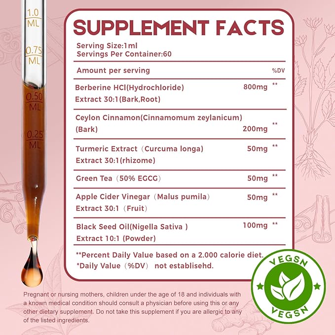 2 Pack Ceylon Cinnamon Berberine Bitter Liquid Drops Supplement with Turmeric,Green Tea,Apple Cider Vinegar,Black Seed Oil for Immune System & Digestive System Supports 4 FL OZ