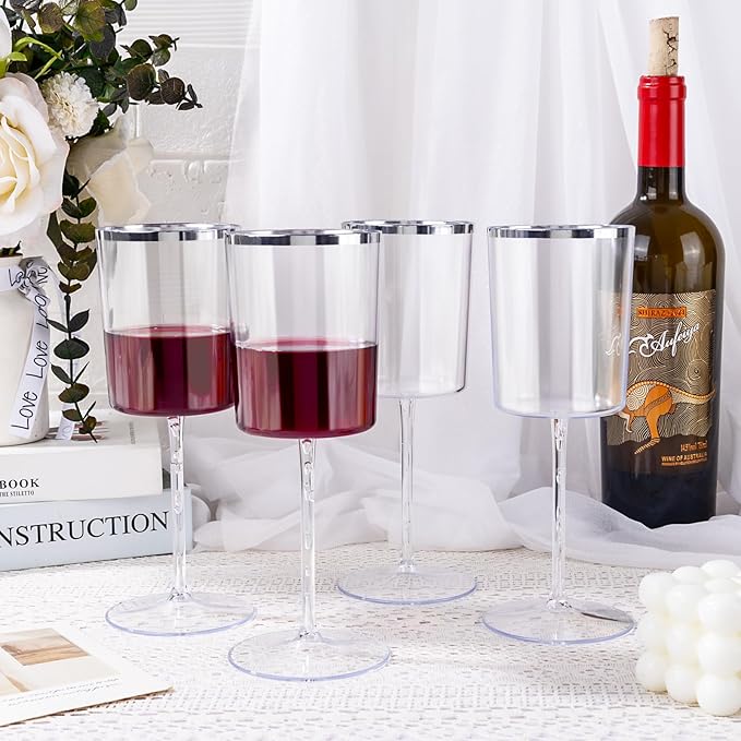 Ciaell 12 Pack Plastic Wine Glasses - 10 Oz Plastic Wine Glasses with Stem - Square Silver Disposable Stemmed Glass for Parties & Weddings & Outdoors
