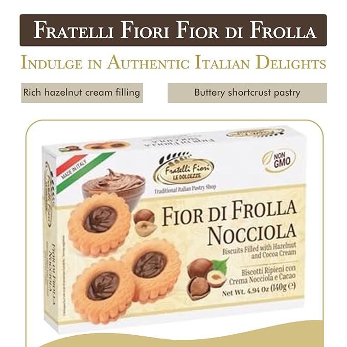 Fratelli Fiori Fior Di Frolla Hazelnut Cookies - Italian Biscotti Cookies Filled with Rich Hazelnut Cream - Healthy Cookies with Buttery Texture Ideal for Coffee Pairing, Dessert & Gifting - 2 Pack