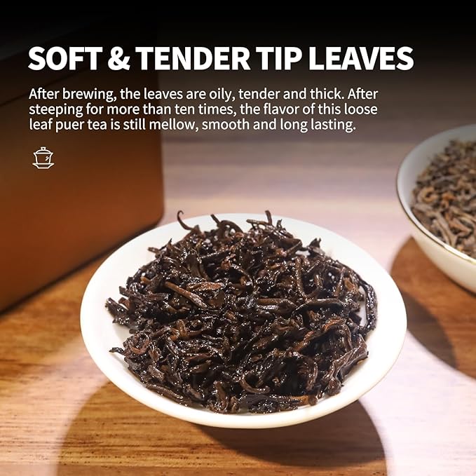 KHS Organic Imperial Leaf Puerh Tea Grade AAA, 3.53 OZ Aged Fermented Chinese Yunnan Puer tea, No Dust Production Workshop, Natural Organic Planting Loose Leaf tea Perfect for Hot Brew