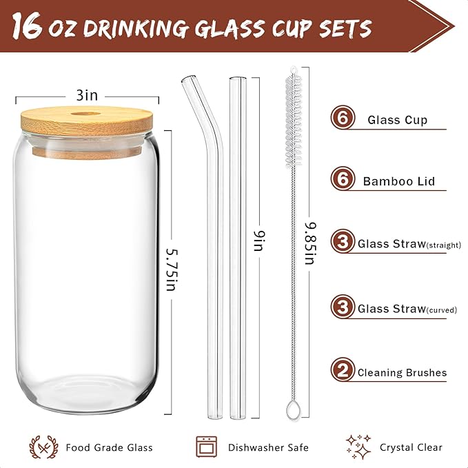 16 Oz Drinking Glasses with Bamboo Lids and Glass Straw - 6 Pcs Glass Cups Beer Ice Coffee Glasses Cute Aesthetic Cup Great for Coffee Bar Accessories Include 2 Cleaning Brushes