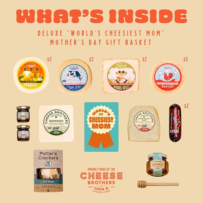 Cheese Bros Deluxe "World's Cheesiest Mom" Charcuterie Gift Box | Fresh from Wisconsin | Includes Mozzarella, Goudas, Jams, Summer Sausage, Honey, Crackers | Great for Birthday, Mother's Day