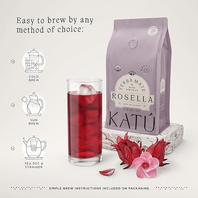 Kat첬 Rosella Premium Organic Loose-Leaf Yerba Mate Tea with Hibiscus, Peppermint, and Stevia Leaves, Vibrant Floral Twist, Natural Energy, 17.6 oz (500g)