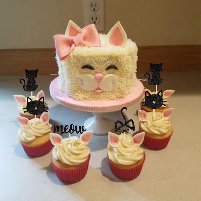 24 Pack Cat and Meow Cupcake Toppers Black Glitter Kitten Cat Cupcake Food Picks Cat Lover Kitten Theme Baby Shower Kids Birthday Wedding Party Cake Decorations Supplies