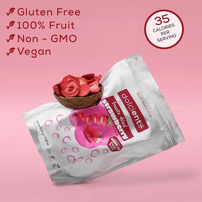 Dolcientis Freeze Dried Strawberries Sliced | 100% Natural Healty Fruit Snacks | Emergency Food Supply 25 Year Shelf Life | Non GMO, Kosher, Gluten free, Vegan, No Sugar Added, 7.05 oz, 20 Servings
