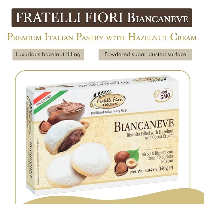 Fratelli Fiori Biancaneve Snow White Soft Cookies - Luxurious Italian Dessert with Rich Hazelnut Filling - Buttery Shortcrust Pastry Ideal for Festive Occasions & Gifts - 2-Pack