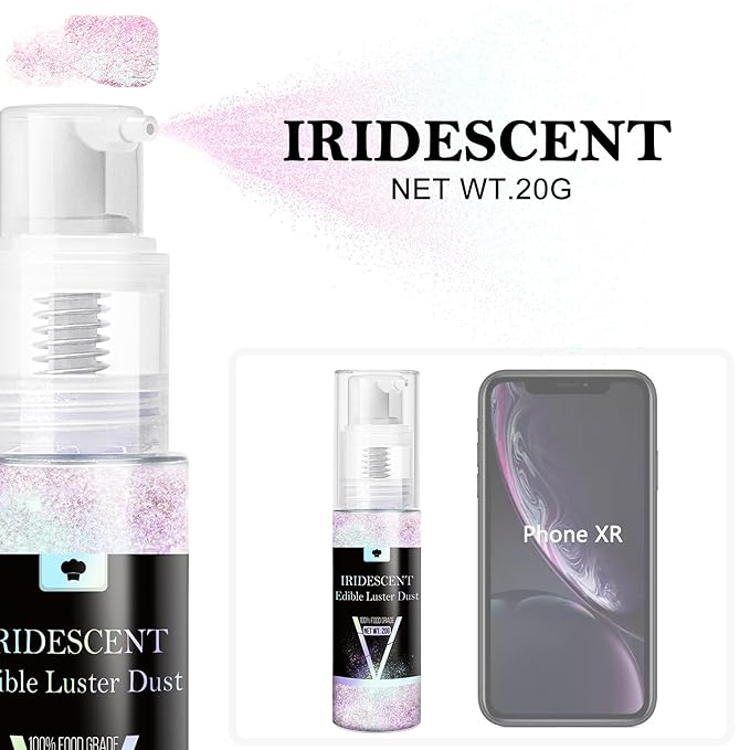 Iridescent Edible Glitter Spray, 20g Luster Dust Edible Glimmer Powder for Sparkling Cocktails, Cake, Cupcakes, Wine, Beverage, Food Grade Shimmer Dust Powder for Baking, Drinks, Cookies Decoration