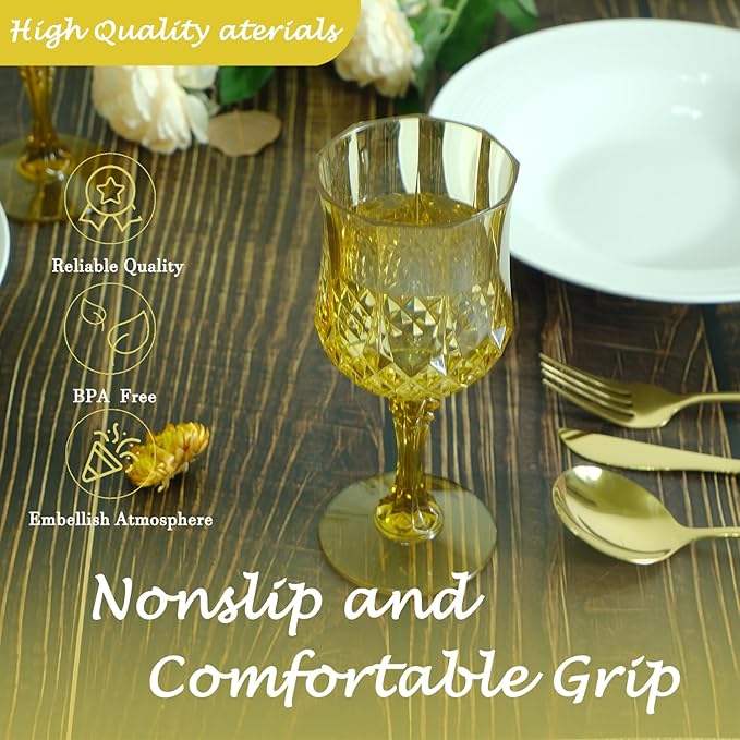 Plastic Wine Glasses,Plastic Goblets Vintage Style Cordial Drinking Glasses for Wedding Reception, Grand Event Party Supplies (24, Gold)