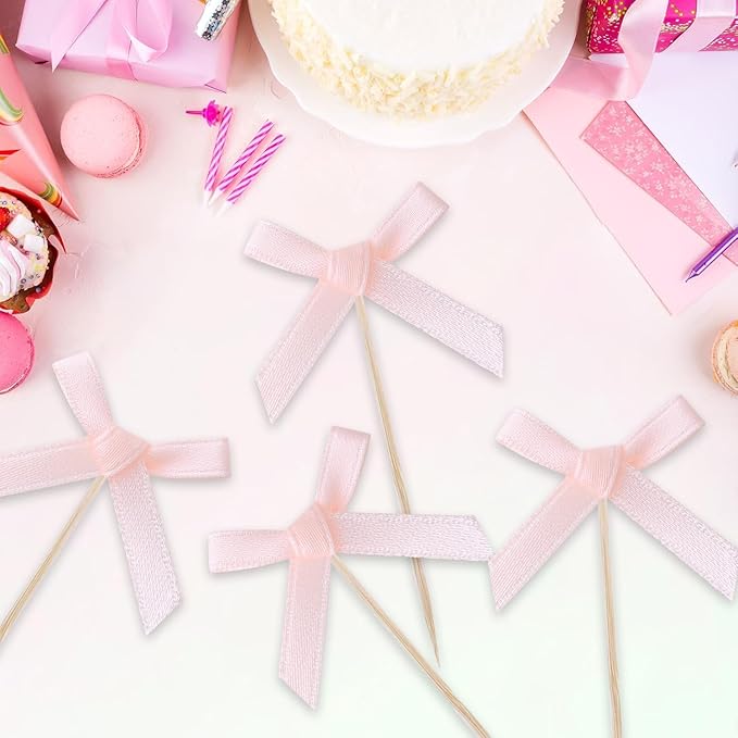 24Pcs Pink Bow Birthday Decorations Cupcake Toppers Supplies Pink Bow Baby Shower Cupcake Toppers Decorations for Girl Party Supplies Coquette Birthday Decorations