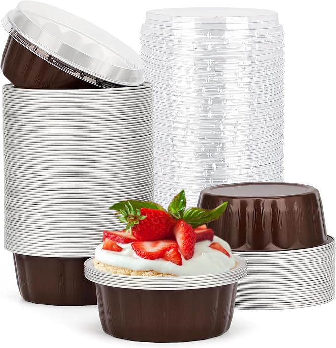 Beasea 8oz Disposable Ramekins, 100 Pack Aluminum Foil Cups with Lids, Baking Ramekin Cup Souffle Cup Muffin Cupcake Baking Cup Mini Pudding Cups for Party Wedding Birthday - Coffee Brown