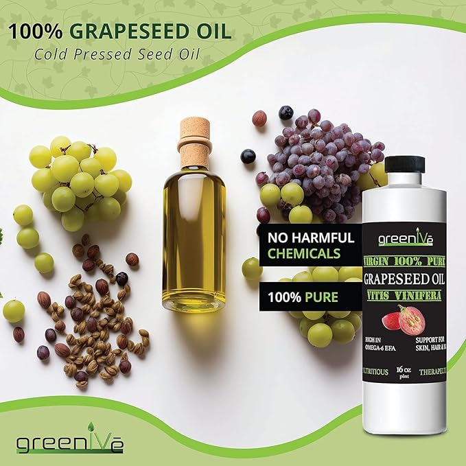 GreenIVe Grapeseed Oil Organically Grown 100% Pure Cold Pressed Light Flavor High Tempurature Cooking (473 ml GLASS)