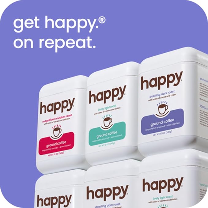 happy coffee dark roast ground coffee, 12 oz., notes of cocoa & cheer, recyclable container, grown & harvested in Brazil, Rwanda & Colombia