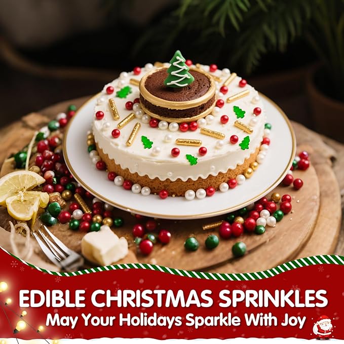 Christmas Tree Sprinkles for Cake Decorating,130g Red Gold and White Pearl,Gold Rods Green Trees Mixed,Edible Sugar Holiday sprinkle for Cupcake Toppers, Cookie, Ice Cream Decorations Christmas Party Supplies