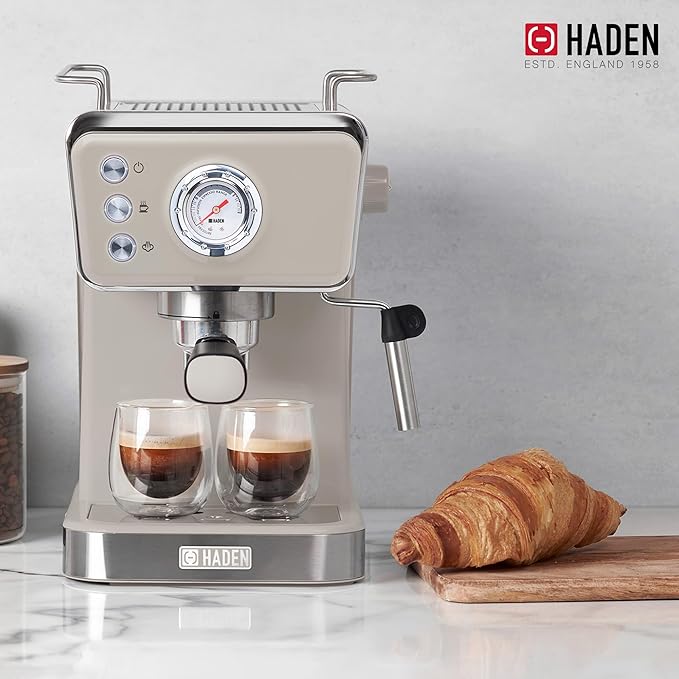 HADEN Barista Brew Espresso Coffee Machine, Stainless Steel Espresso Maker with Milk Frother and Steamer Function and 1.5L Water Tank, Putty & Copper