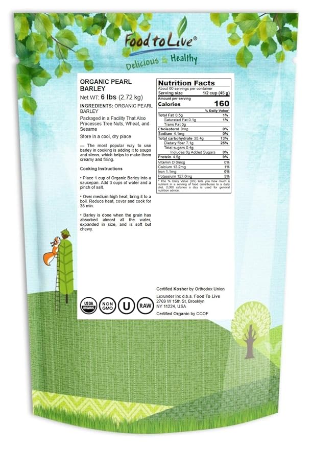 Food to Live Organic Pearl Barley, 6 Pounds ??Non-GMO, Polished Unhulled Barley, Kosher, Vegan, Bulk. Cooks Faster than Hulled Barley. Rich in Fiber, Selenium. Great for Hot Cereal, Salads, Stews
