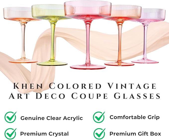 Khen Pastels Colored Vintage Art Deco Coupe Glasses - Martini, Cocktail & Champagne Ribbed Glasses 7oz | Set of 5 | Bright Pastel Crystal Glassware, Goblet Cocktails, Stemmed Ripple Glassware Gifts