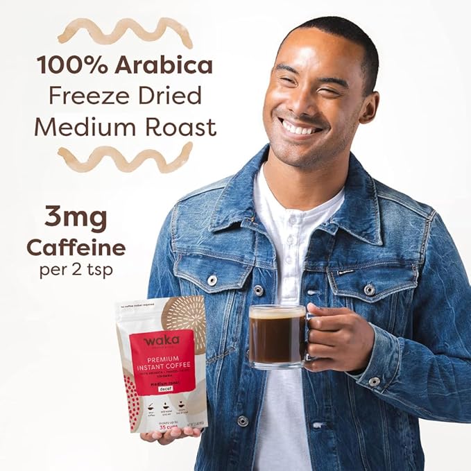 Waka Decaf Premium Instant Coffee — 100% Colombian Arabica Freeze Dried Beans — For Hot or Iced Coffee (Single-Serve, 50 ct)