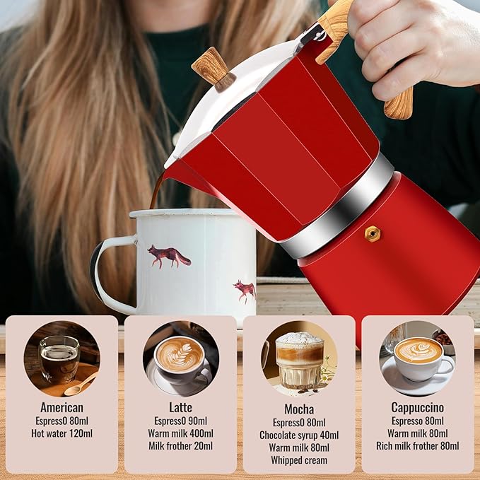 12 Cup Aluminum Moka Pot Classic Stovetop Espresso Coffee Maker 600ml 20oz Coffeemaker Percolator Mocha Pot Greca Coffee Maker Cafe Makers for Italian and Cuban Cafì±?Brewing Red
