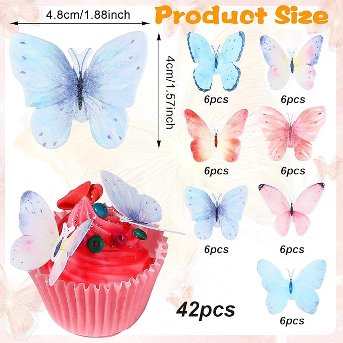 42Pcs Butterfly Cake Topper 3D Butterflies Edible Cupcake Decorations Mixed Color Girl Women Butterfly Wedding Birthday Party Decorations