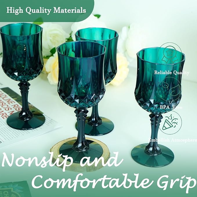 Plastic Wine Glasses,Plastic Goblets Vintage Style Cordial Drinking Glasses for Wedding Reception, Christmas Grand Event Party Supplies (12, Green)