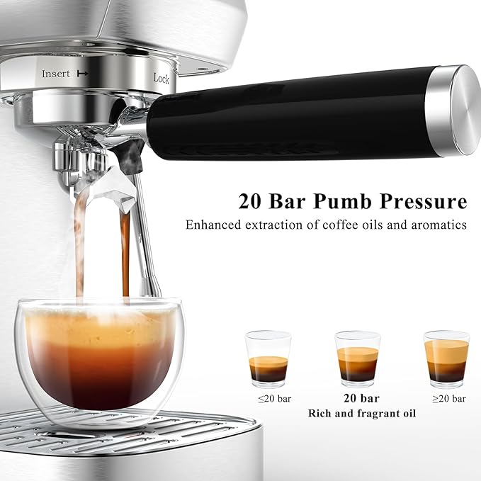 Espresso Coffee Machine, Compact Espresso Maker 20 Bar, Stainless Steel Cappuccino Machines With Steam Milk Frother For Home Barista, Office Mattino