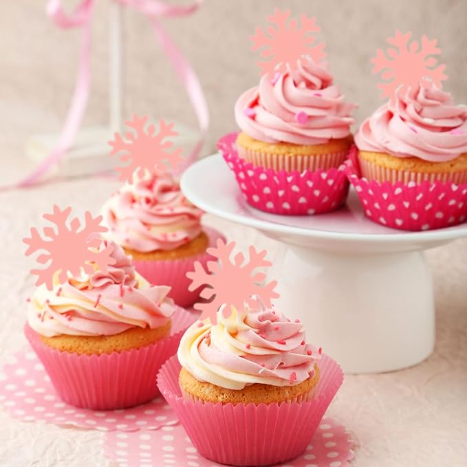 50pcs Edible Snowflake Cupcake Toppers ??Edible Cake Decorations & Snowflake Cake Decorations for Christmas, Winter & Any Party (Pink)