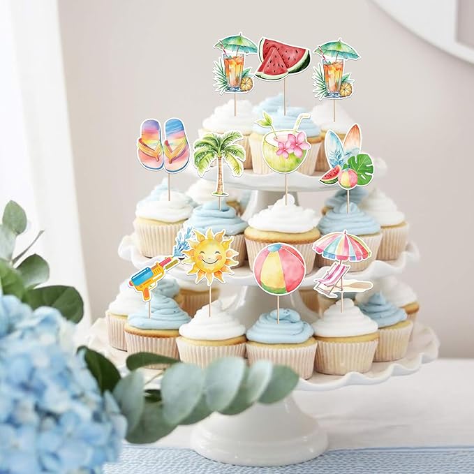 40 Pack Summer Beach Theme Cupcake Toppers Umbrella Chair Palm Tree Watermelon Coconut Cupcake Picks Hawaiian Beach Cake Decorations for Baby Shower Birthday Wedding Party Supplies