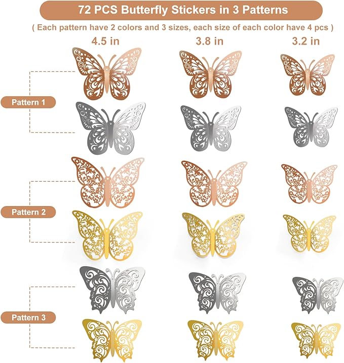 Crosize 72 Pcs Butterfly Decorations, 3 Sizes 3 Styles, 3D Butterfly Wall Decor, Butterfly Party Decorations, Birthday Decorations, Butterflies for Crafts, Cake Decorating(Rose Gold & Gold & Silver)