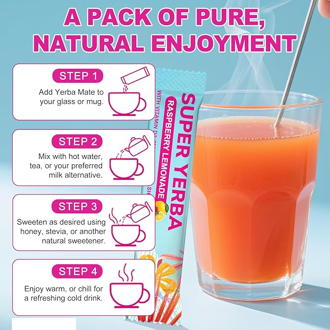 Yerba Mate Instant Tea Powder | Super Yerba Mate Tea for Energy Support & Gut Health - Ashwagandha, Lion?™s Mane, L-Theanine, Raspberry Lemonade Flavor, Hot or Cold Drink (10.58 oz, 30 Servings)