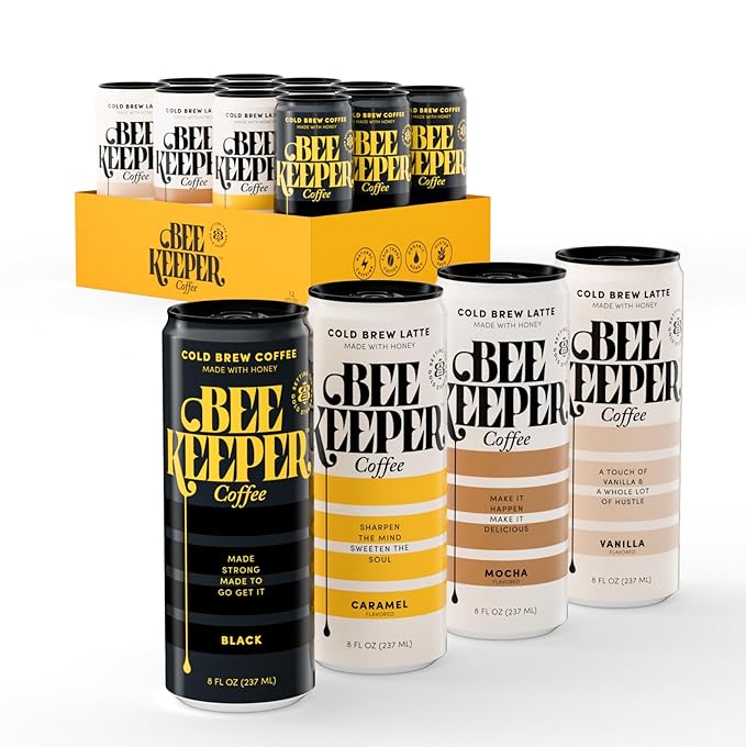 Beekeeper Coffee Black Cold Brew with Oregon Honey, 8 fl oz cans (Pack of 12), Ready-to-Drink, 180mg Natural Caffeine