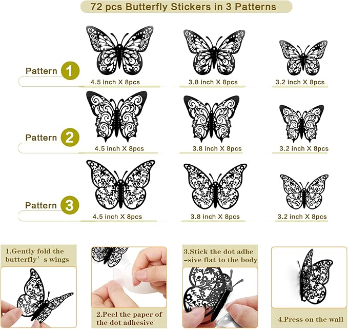 72 Pcs Black Butterfly Decorations - 3 Sizes, 3 Styles, 3D Wall Decor for Parties, Birthdays & Crafts