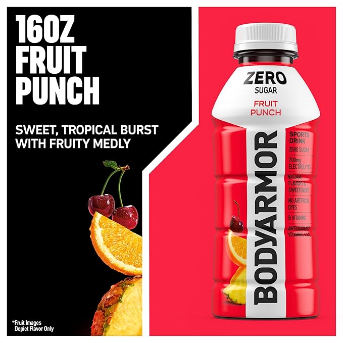 BODYARMOR ZERO Sugar Fruit Punch, Sugar Free Sports Drink - Low-Calorie Hydration - Natural Flavors with Potassium Packed Electrolytes, Antioxidants, and B-vitamins, 16 fl oz (pack of 12)