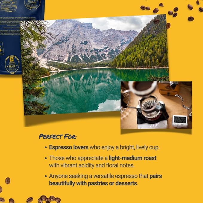 Passport Coffee Santa Rosa Espresso ??Light roast espresso blend from Ethiopia & Brazil. Flavor notes of delicate floral & sweet cocoa-caramel. Premium whole bean coffee, 12oz Bag