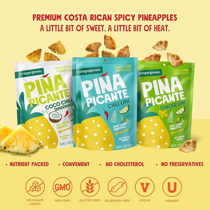 Crispy Green Pi챰a Picante, Chili Lime Dried Pineapple, Healthy Real Fruit Snacks, 1.76 Ounce, 12 Single Serve Bags