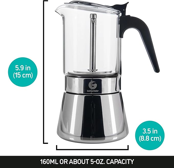 Coffee Gator 4 Cup Moka Pot, 6.7oz Stovetop Espresso Maker for Italian Coffee, Transparent Glass & Stainless Steel Design, Silver, 200ml