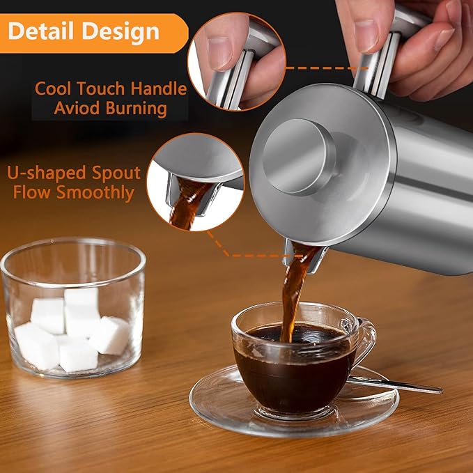French Press Coffee Maker 34oz, Double-Wall Insulated French Press Stainless Steel 1L for travel camping, Included 2 Extra Screens and 1 Coffee Spoon ç«?-8cup 1000mlç«?,<div>