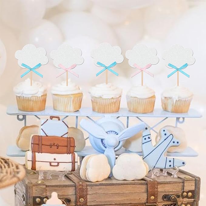 24 PCS Bow Cloud Cupcake Toppers Glitter Cloud Boy or Girl Cupcake Picks Gender Reveal Party Decorations for Baby Shower Birthday Wedding Party Cake Decorations Supplies Blue Pink