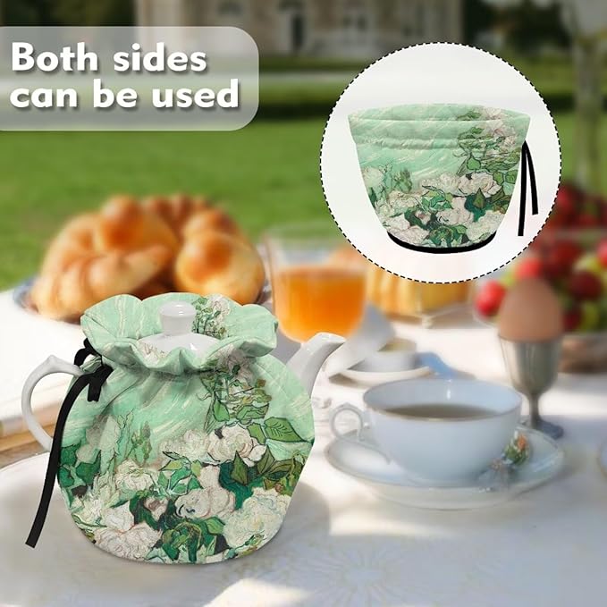 Van Gogh White Rose Teapot Cozy Tea Pot Dust Cover Teapot Insulation Cover Decorative Teapot Cover Kettle Protective Kitchen Accessory for Hotel Restaurant Tea Party